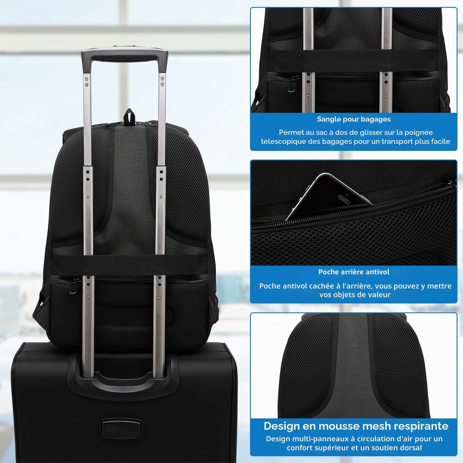 Antivol Sac à dos portable 15,6 pouces imperméable avec charge USB Sac de voyage pour affaires, étudiants, homme, femme, noir