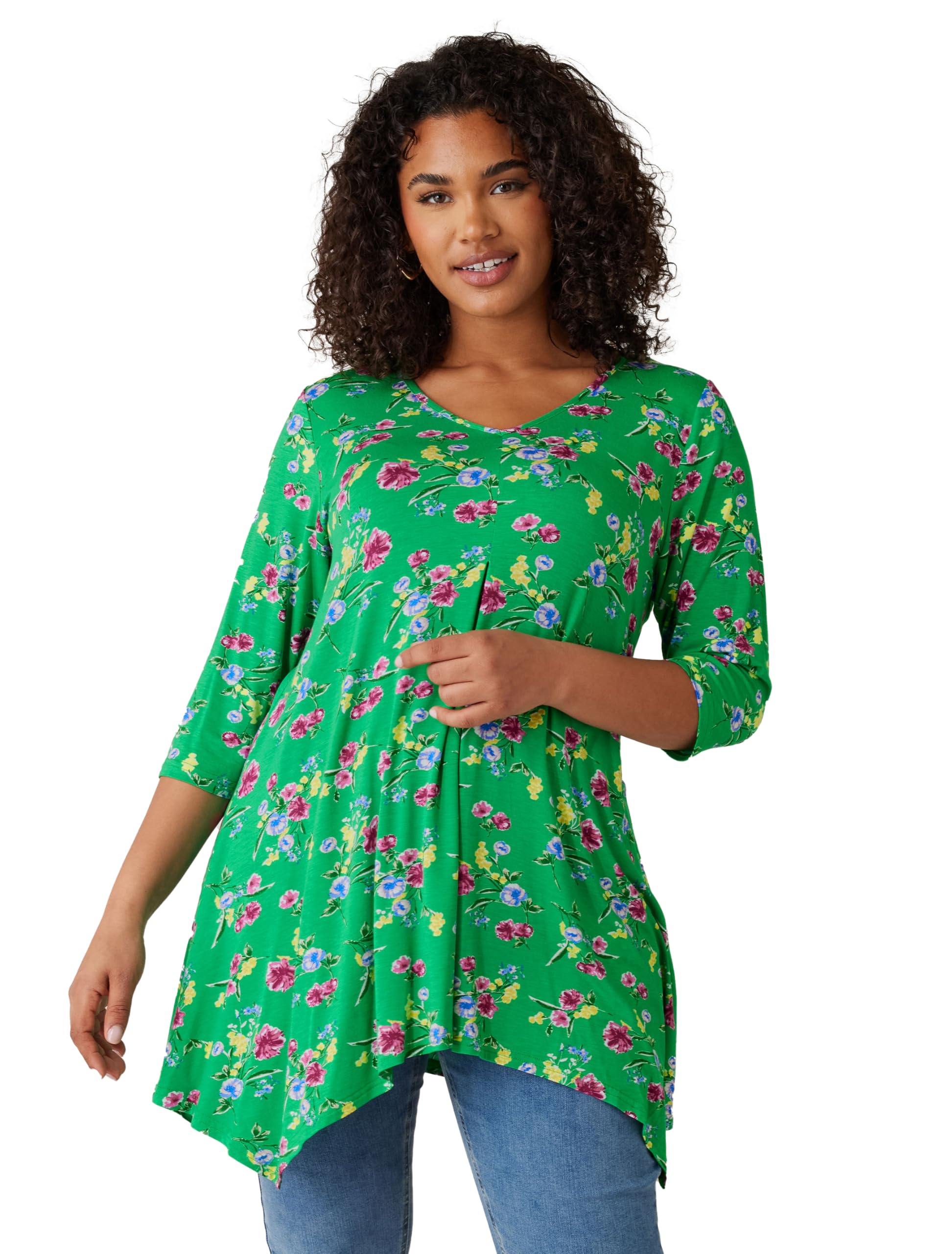 Evans Women's Green Curve Floral Print Hanky Hem Top - Plus Size Curve