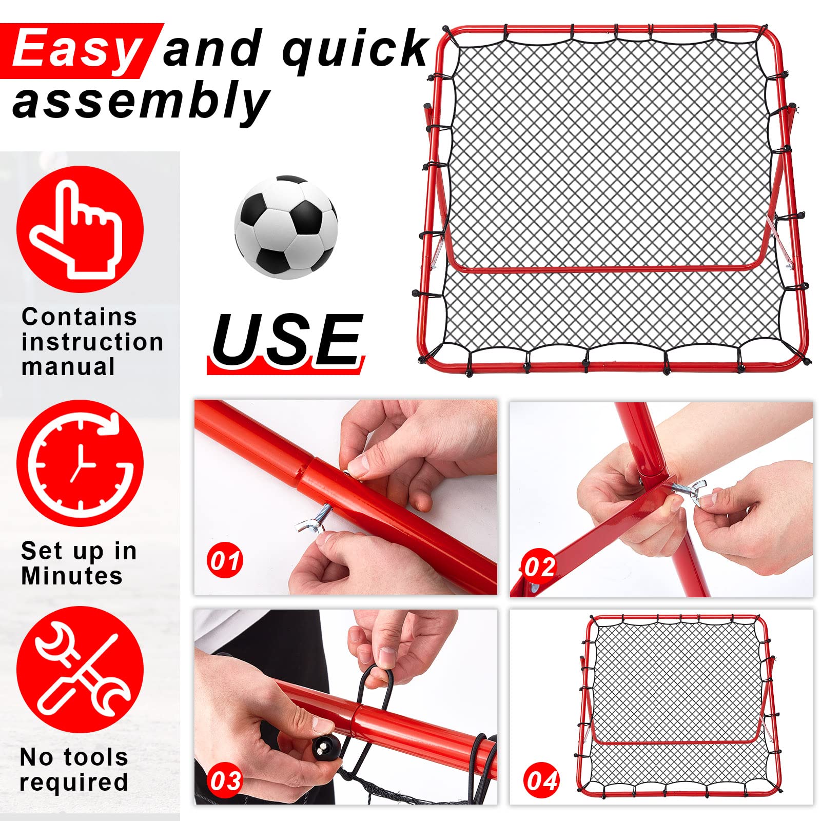 Rete da rimbalzo per calcio, 39,4 x 39,4'', pieghevole, per allenamento, rete da rimbalzo, obiettivo, rete da rimbalzo, regolabile, facile da installare, telaio in ferro, rete da rimbalzo per calci