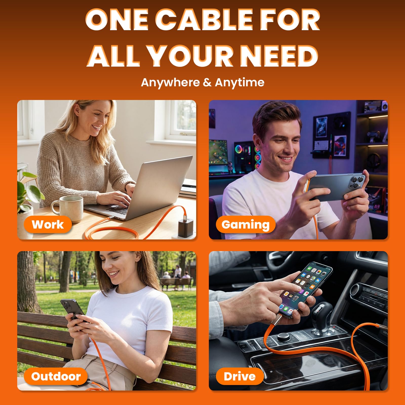 Cable USB a C desmontable 2 en 1 de 240 W de carga súper rápida de 5 pies y 90 grados con cargador de teléfono, soporte invisible y funda de teléfono, cable de carga plano lateral en ángulo recto para