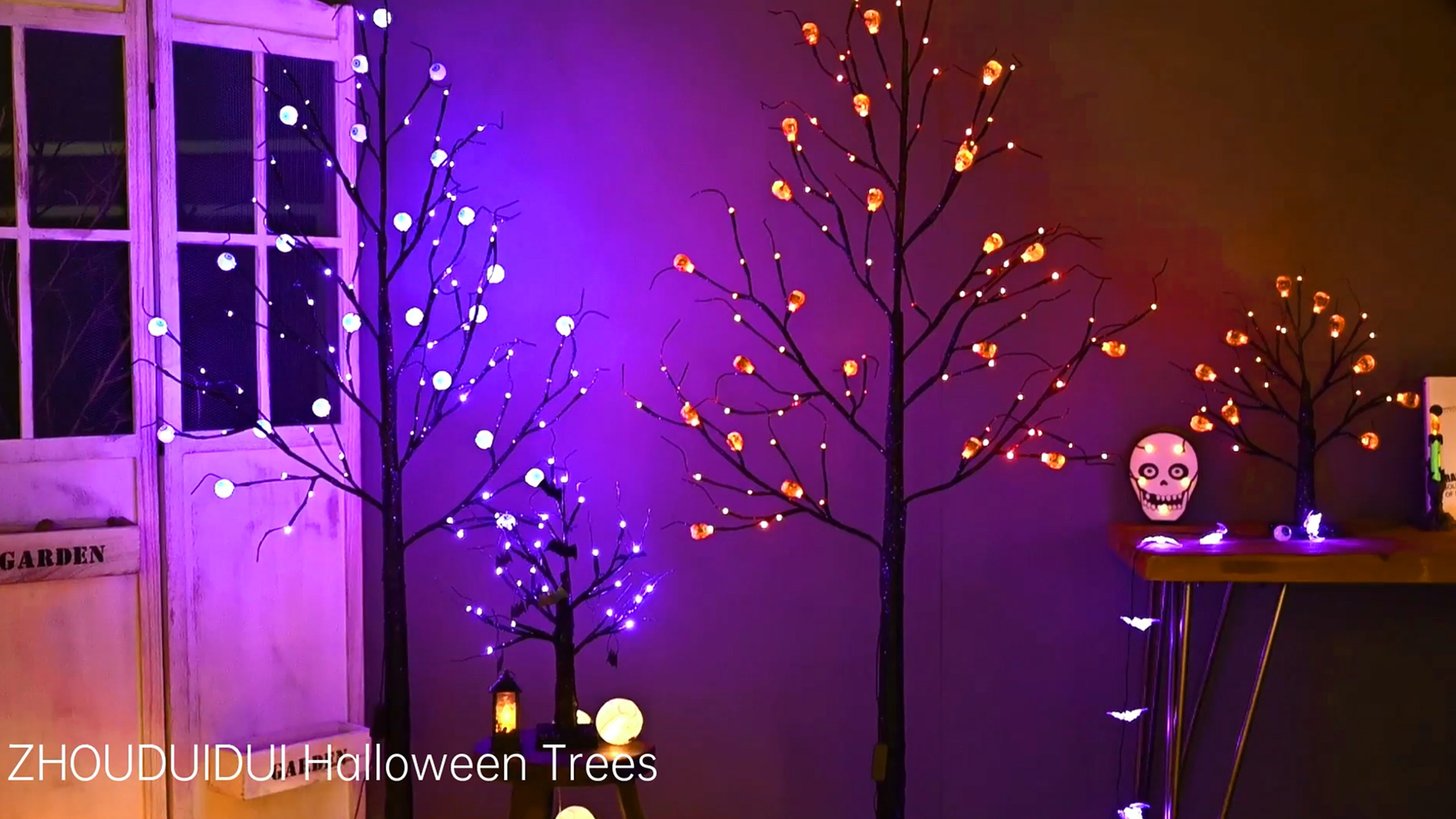2-Pack Halloween Trees With Purple LED Lights - 18IN Black Spooky Trees With Bat Ornaments