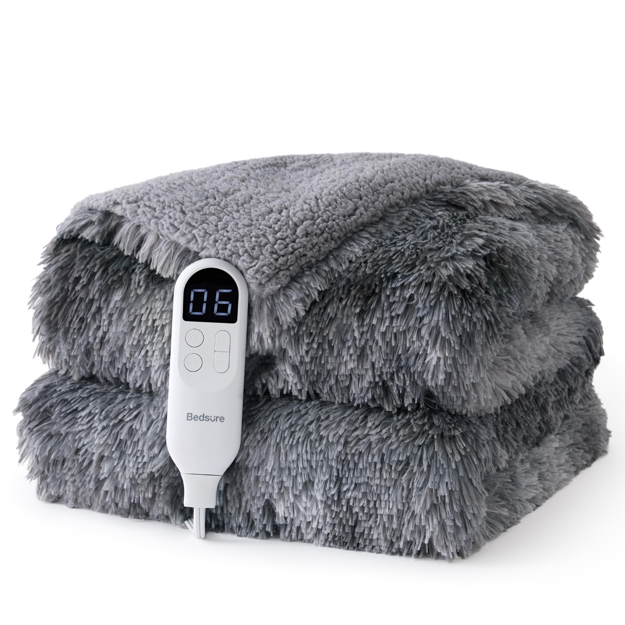 Bedsure Faux Fur Heated Blanket Throw, Long-Pile Electric Blanket, Grey