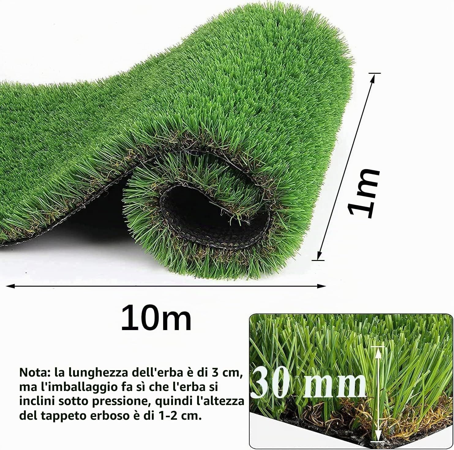 Rotolo di erba artificiale 1 m × 10 m × 30 mm Altezza del mucchio Tappeto erba artificiale ad alta densità Piastrelle per erba artificiale dall'aspetto realistico Tappeto erboso artificiale