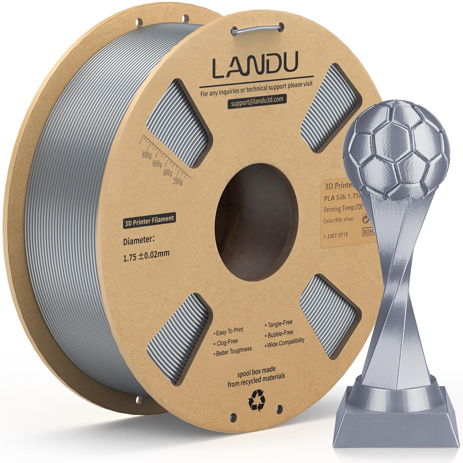LANDU Silk PLA Filament 1.75mm Silver 1KG, 3D Printer Filament Dimensional Accuracy +/- 0.02mm, 1kg Cardboard Spool(2.2lbs), Neatly Wound 3D Printing Filament Fits for Most FFF 3D Printers, Silver