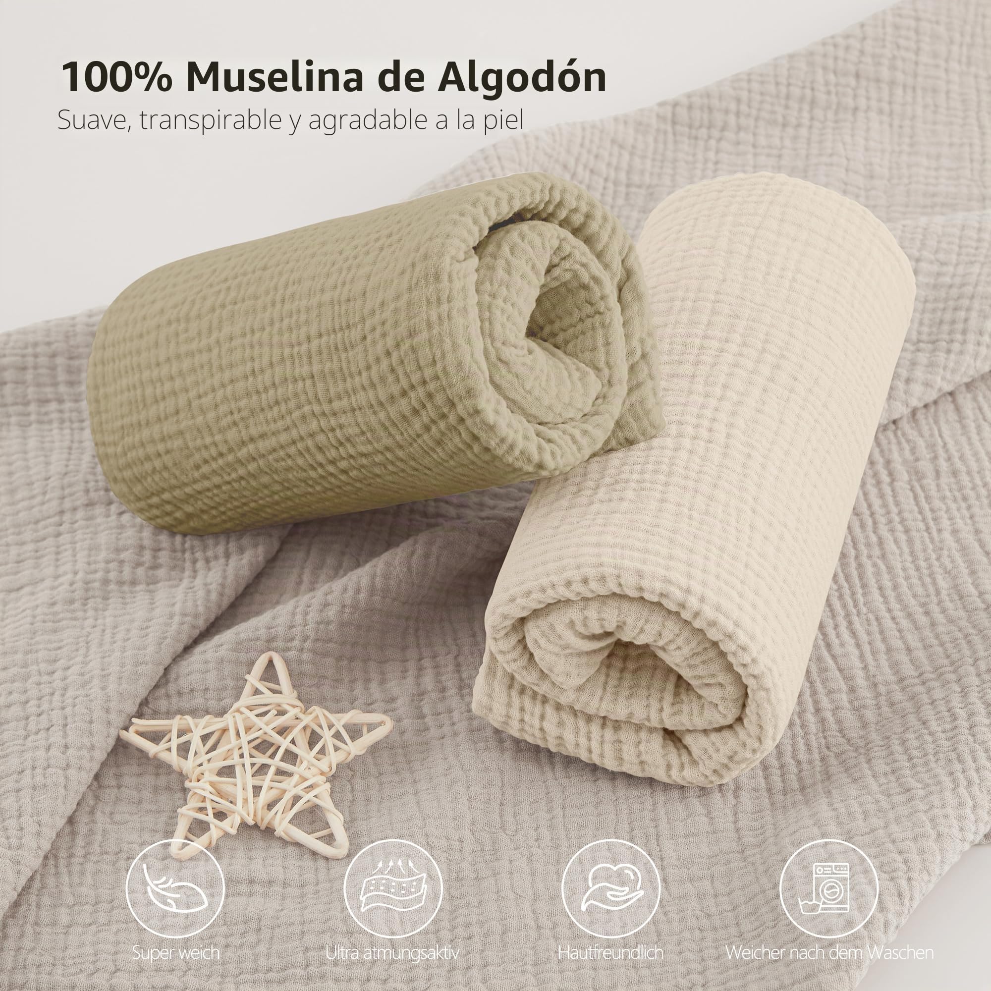 Bearmoss Sábana de Muselina, 100% Algodón, para Colchón Estándar de Cuna y Colchón de Cama Infantil, 60 x 120 cm/70 x 140 cm,Sabana Bajera Cuna Ajustables para Cama Auxiliar (Verde Arroz, 70x140)