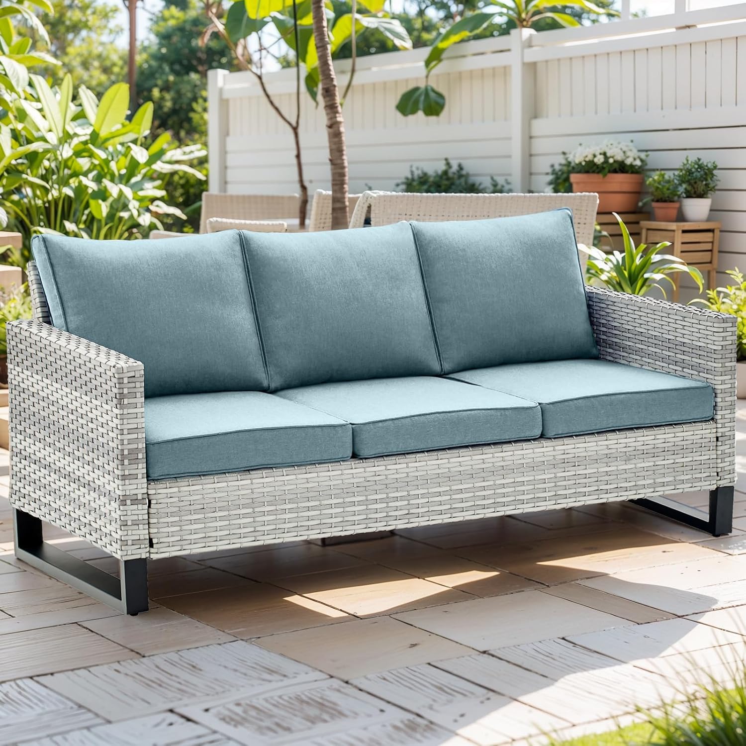 Rilyson Wicker Outdoor Couch Patio Sofa - 3 Seater Rattan Outdoor Patio Couch with Waterproof Wicker,Comfortable Cushions and Sturdy Metal Frame for Outside Porch Deck Backyard(Light Grey/Sky Blue)