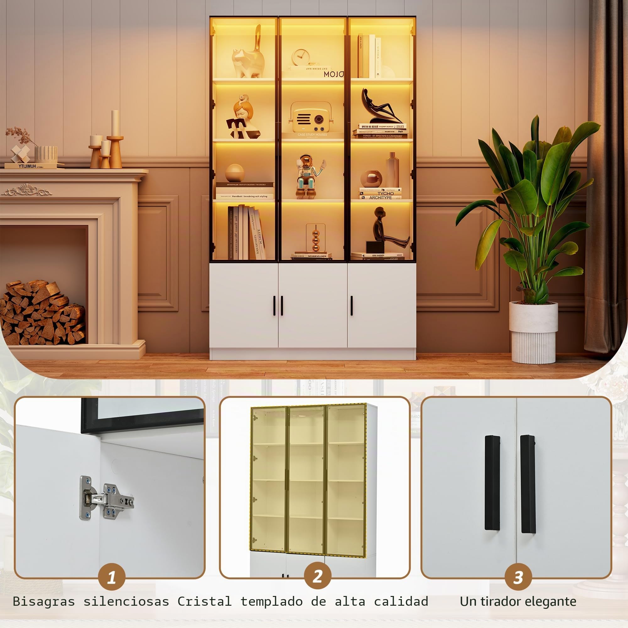 Vitrina de cristal de 120 x 32 x 200 cm, armario alto, vitrina con 6 puertas, armario alto, con LED, armario de salón de 120 cm de ancho, armario multifunción, armario grande (1)