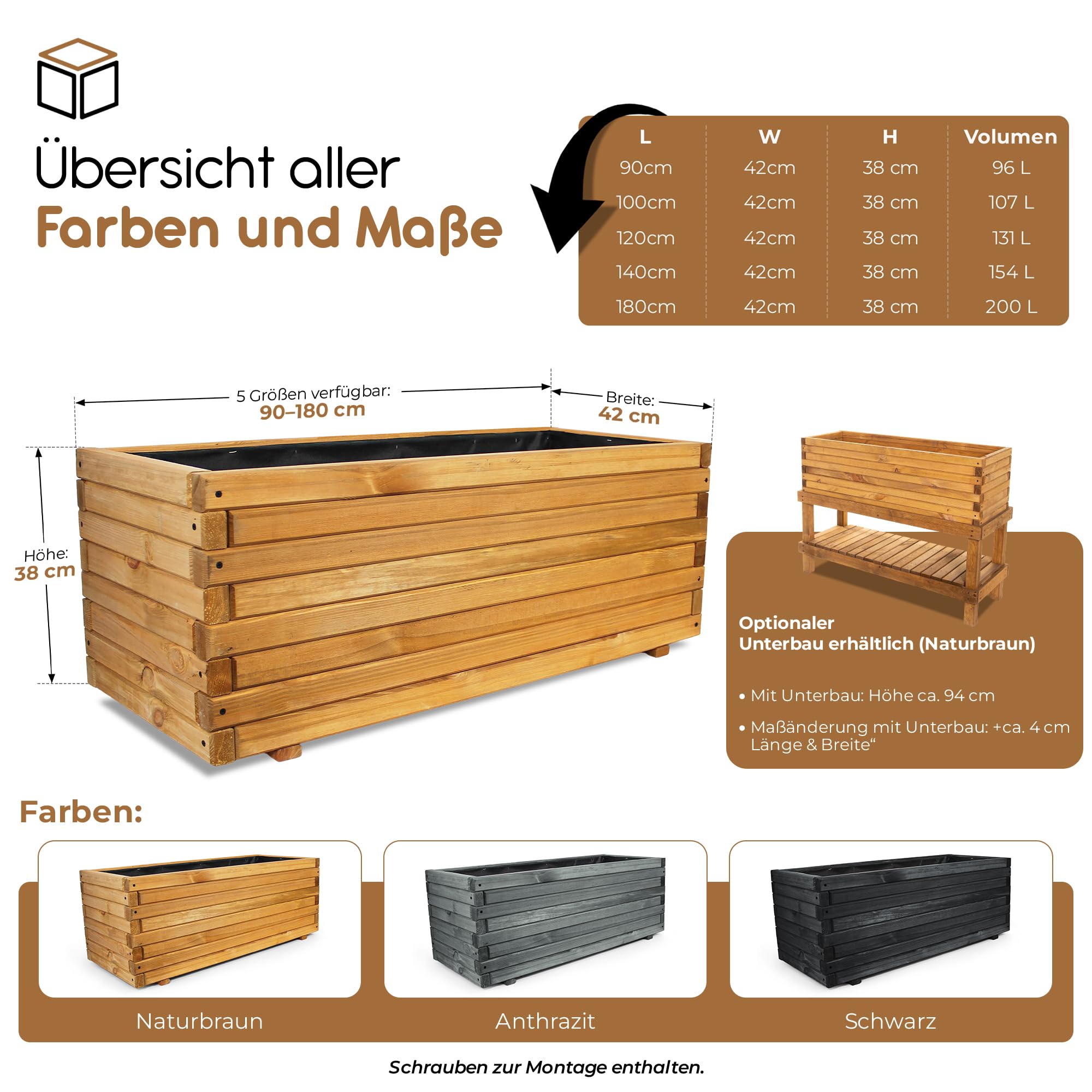 BooGardi Pflanzkübel groß außen & innen mit Vlies · Pflanzkasten rechteckig in 10 Größen · 120 cm lang naturbraun · Hochbeet Holz für Garten, Balkon & Terrasse · Blumenkasten XXL