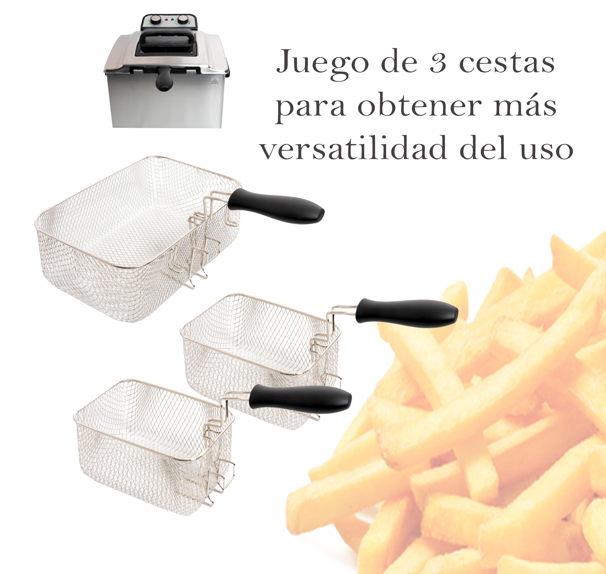 FREIDORA ELECTRICA 5L 3000W PROFESIONAL 3 CESTAS INCLUIDAS TERMOSTATO DE TEMPERATURA DESMONTABLE ACERO INOXIDABLE