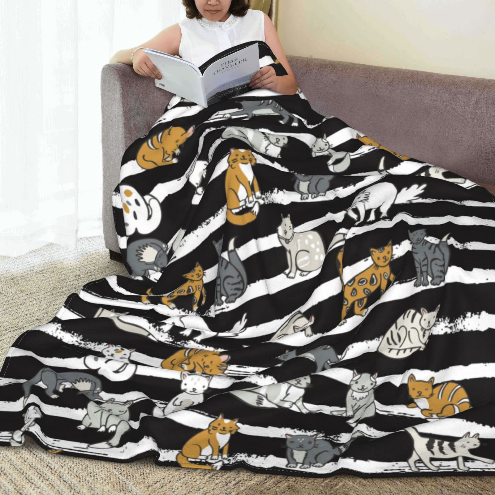 Coperta in pile con motivo gatto e animali domestici, per letto, divano, divertente, a righe nere, leggera, morbida e accogliente, 127 x 101,6 cm