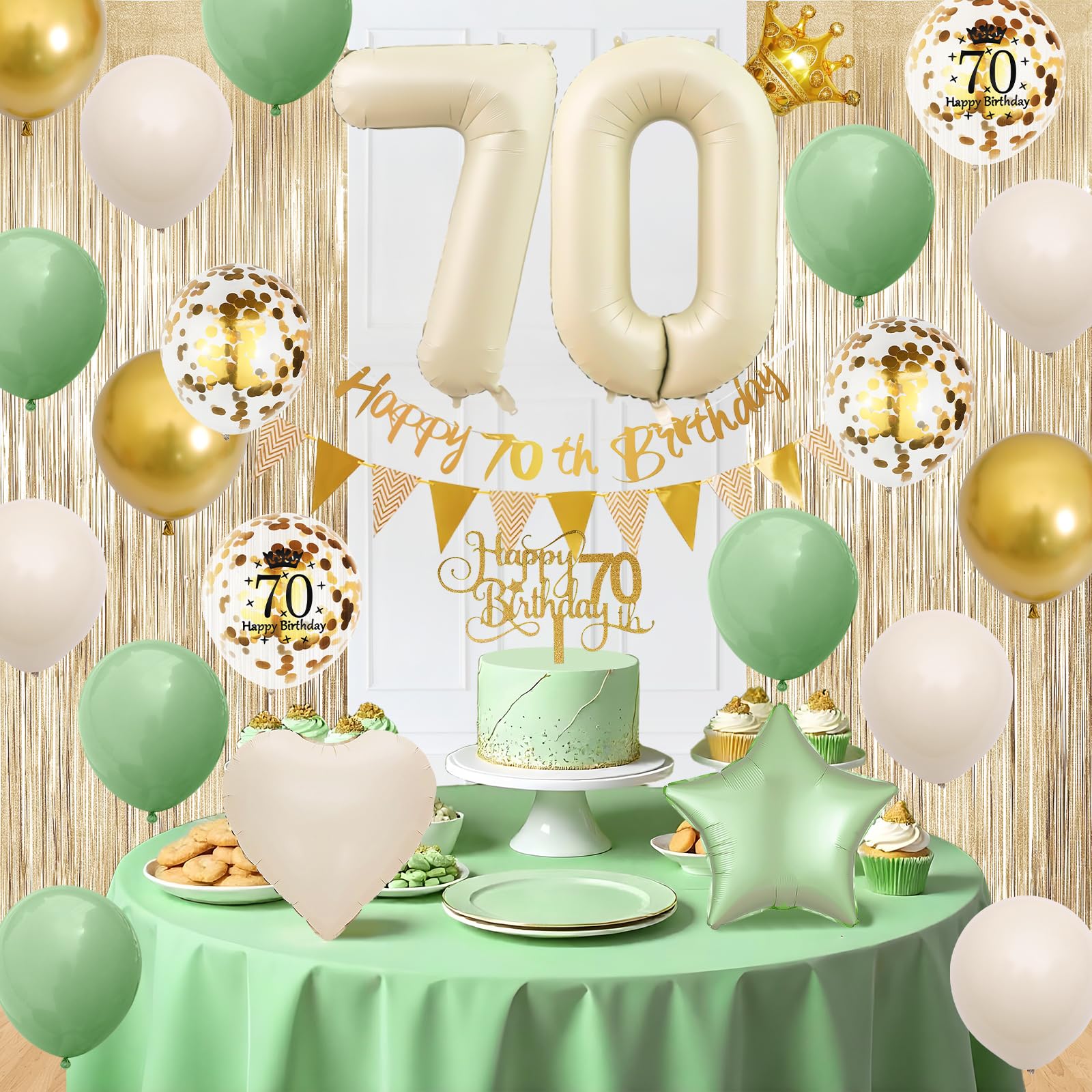 Dekoracje na 70. urodziny dla kobiet mężczyzn, szałwia, zielony, złoty, dekoracje na 70. urodziny, balony urodzinowe, baner urodzinowy, ozdoba na tort, zasłona z frędzlami dla 70 lat, dekoracja na
