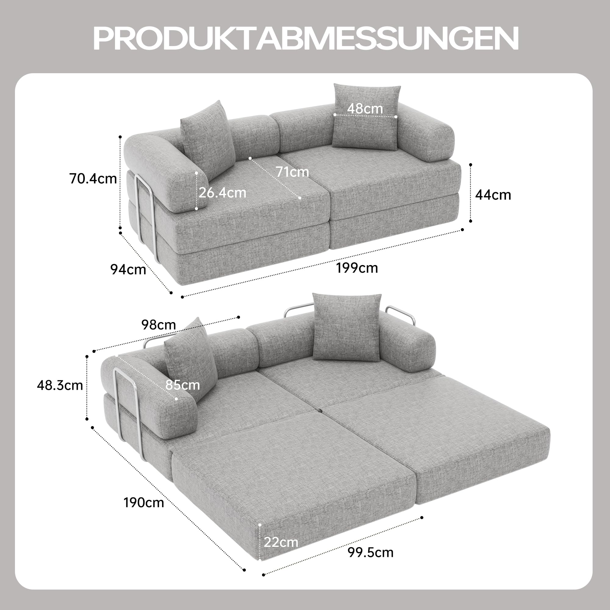 DURASPACE Faltbares 2-3 Sitzer Klappbar Schlafsofa Gästebett 200cm | Bequemer Ausklappbarer Futon, Modularer Bodensofa ohne Federkern für das Wohnzimmer