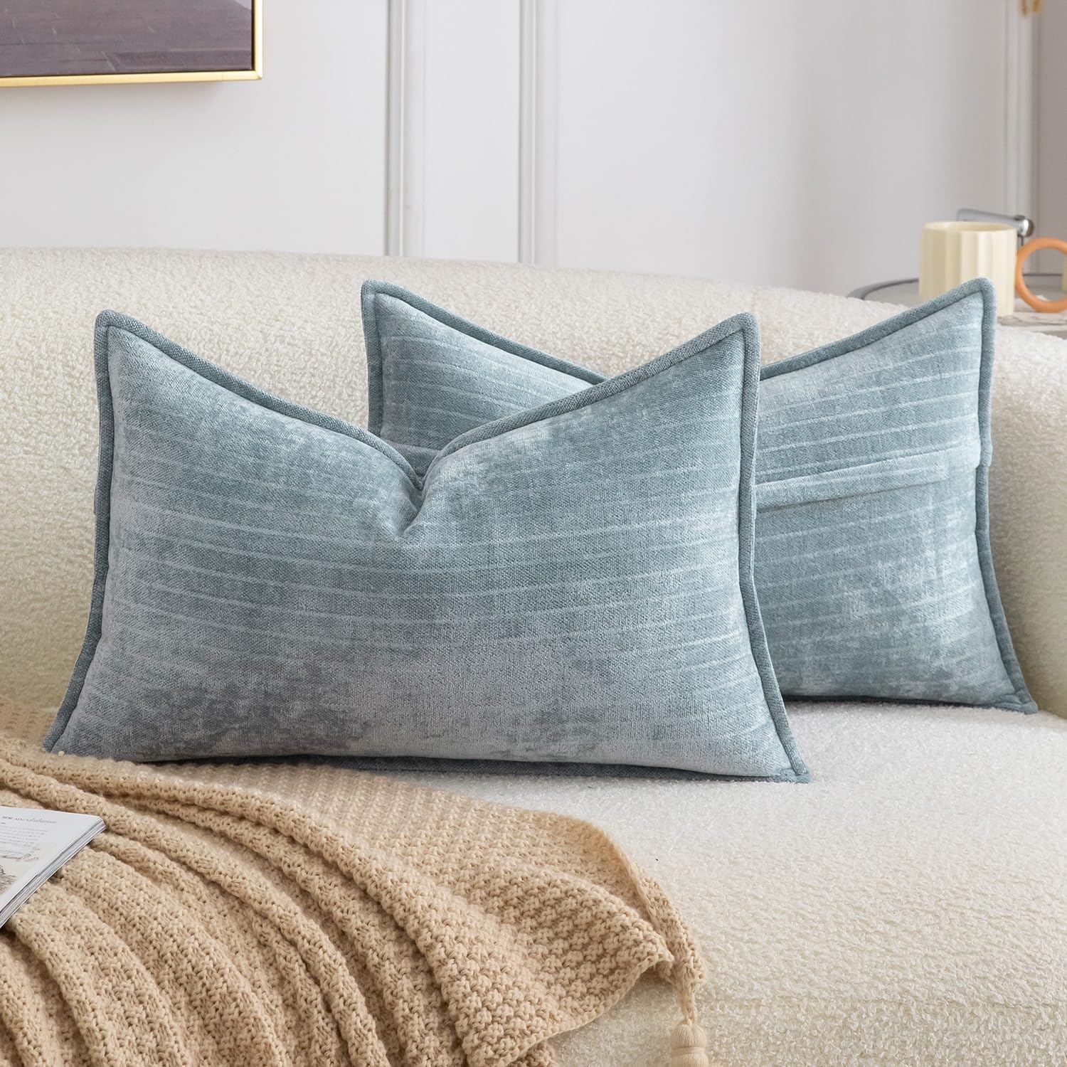 Madizz Pack of 2 Decorative Striped Cushion Covers Vintage Boho Soft Chenille Throw Pillows Luxurious Pillow Cases for Couch Sofa Bedroom Living Room 30x50 CM, Grey Blue
