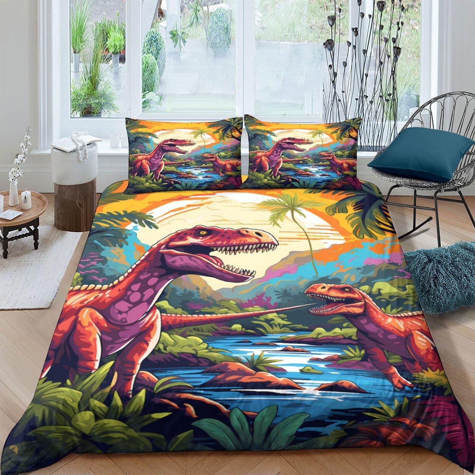 Ctjqhvkz Style-9 3D Printed Dinosaur Jungle Fitted Sheet Microfiber Soft Breathable Prehistoric River Bed Cover For Bedroom Guest Room Decor Single（135X200cm）