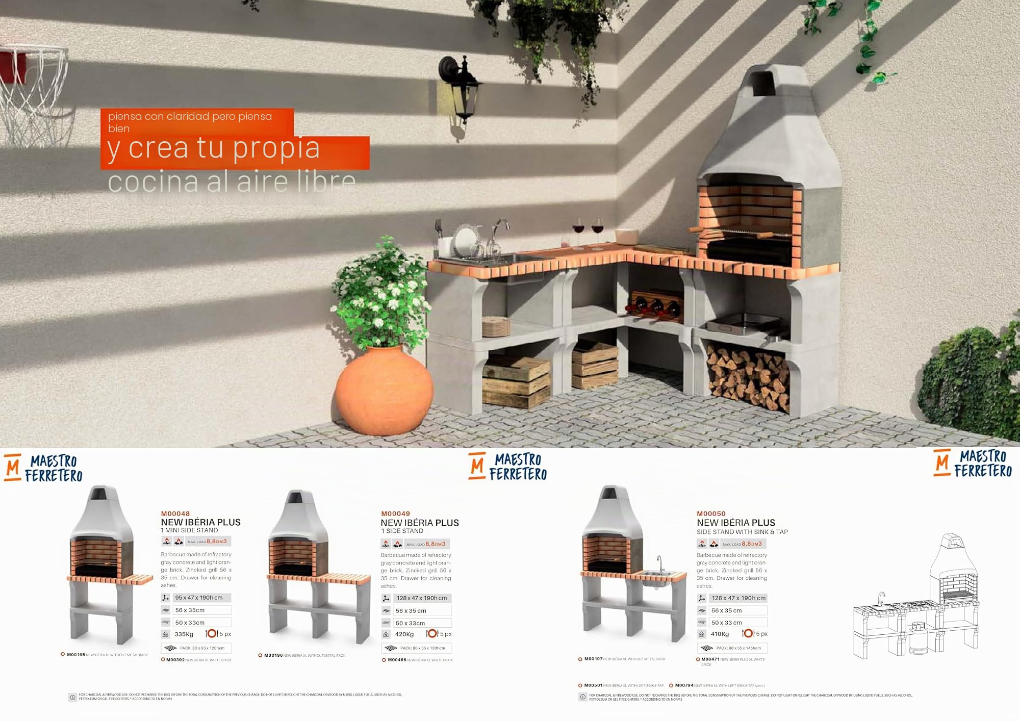 MOVELAR - Barbacoa de Obra Prefabricada de Leña y Carbón Modelo New Iberia Plus con Mini Soporte Lateral (Gris, Naranja - 95 x 47 x 190 cm) REF: M00195 - Cocina de Exterior para Jardín o Patio