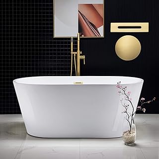WOODBRIDGE 59" Freestanding White Acylic Soaking Bathtub with Brushed Gold Drain and Overflow, BTA1514-BG