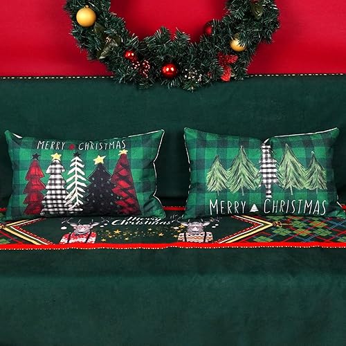 Miniatura 2 de ONWAY Juego de 2 fundas de almohada de Navidad de 12 x 20 pulgadas, diseño de árboles rojos, negros, verde oscuro, búfalo, fundas de almohada