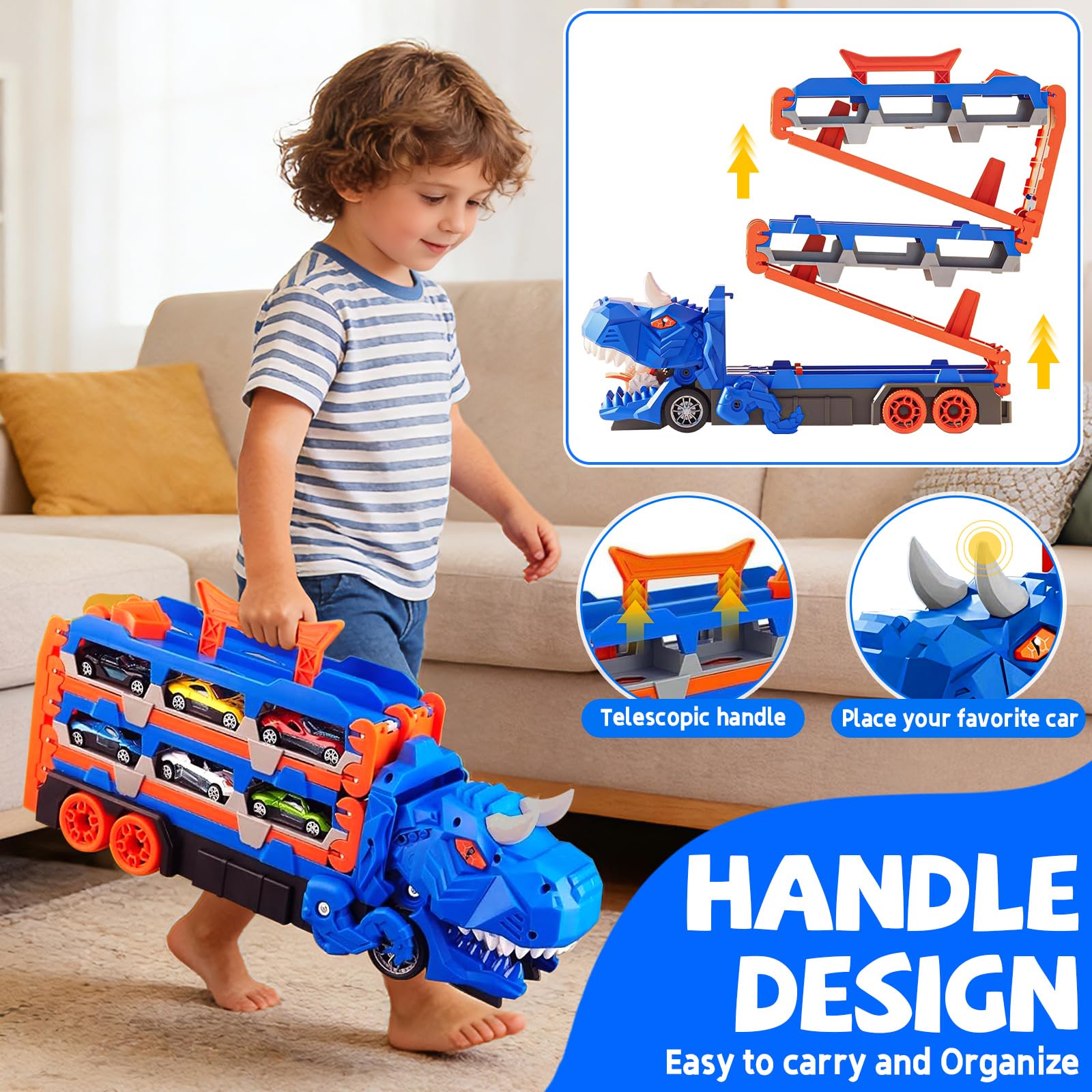 Camion dei Trasporti Dinosauro Giocattolo per Bambini, Giocattolo 3 in 1 con Pista Piegevole e Lanciatore, Camion Portatile con 12 Auto da Corsa, Regalo per Bambini di 3 4 5 6 7 8 Anni