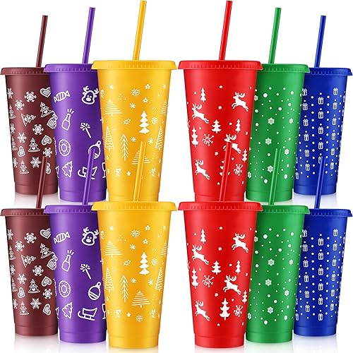 12 vasos de plástico de Navidad con tapas y pajitas a granel, vaso de plástico grueso de 6 colores de 24 onzas con tapas y pajillas, vasos