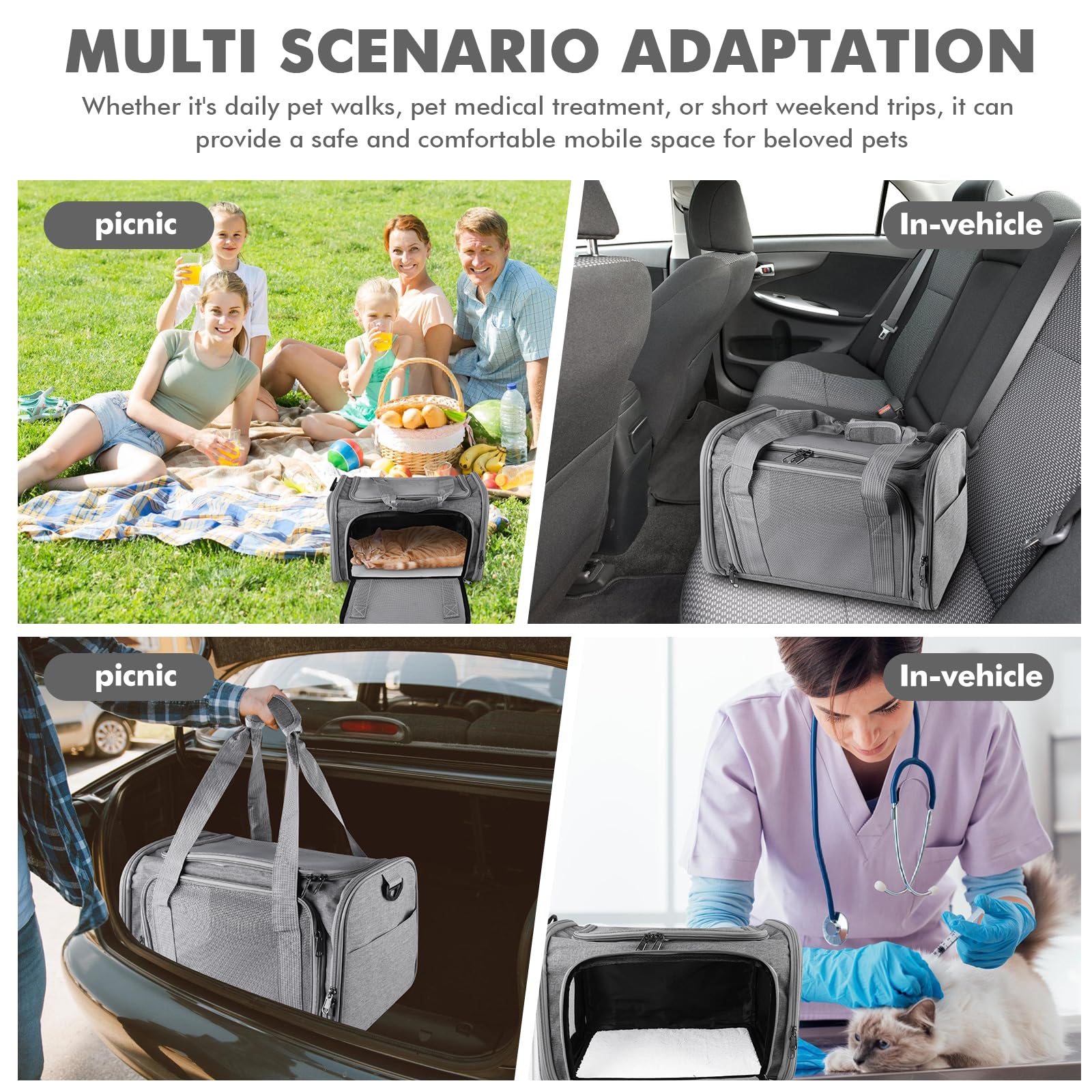 Bolsa de transporte plegable para gatos, con correa para el hombro, ligera, transpirable y apta para aviones, para animales pequeños de hasta 3 kg (gris, 40 x 25 x 25 cm), para viajes