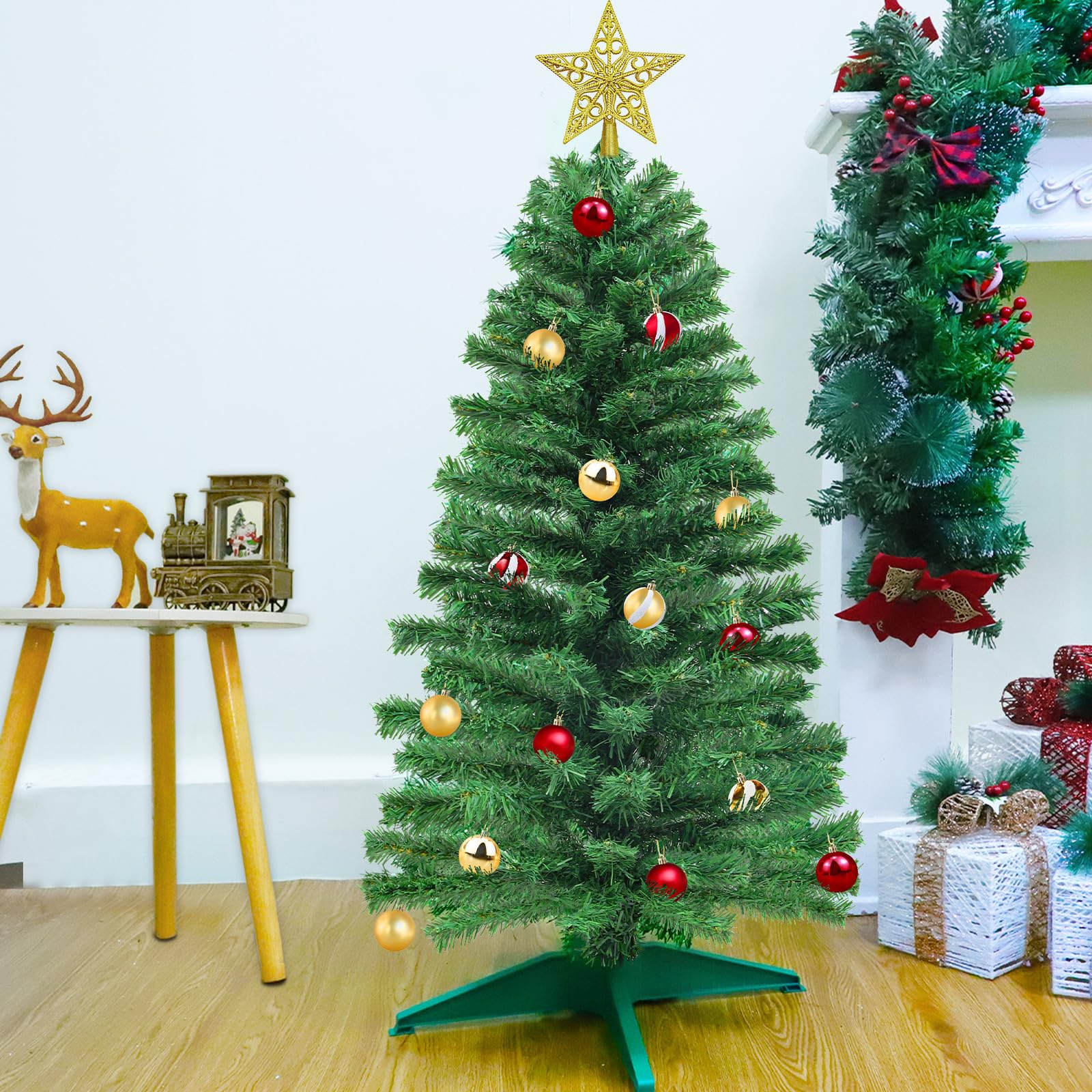 [Control remoto y 8 modos] Árbol de Navidad de 3 pies con temporizador, 50 luces cálidas, 15 adornos de bolas de bricolaje, estrella 3D, funciona con pilas, árbol completo, decoración de Navidad,