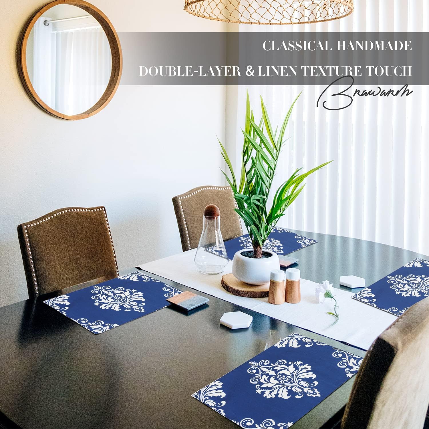 Brawarm Set of 6 Navy Blue Placemats for Dining Table, Manual Hand Painted Damask Floral Table Mats, Washable Place Mats for Kitchen Table 12 X 18 Inches