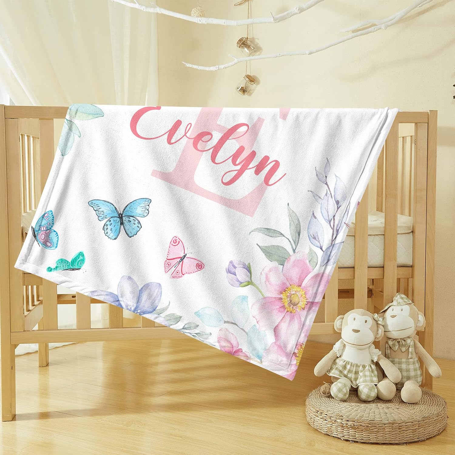 Personalized Floral Baby Blanket with Name for Girls Boys - Custom Butterfly Monogram Blankets with Floral for Kids Toddler - Customized Throw Blanket for Baby Adult - Soft Fleece Baby Blanket 50"x60"