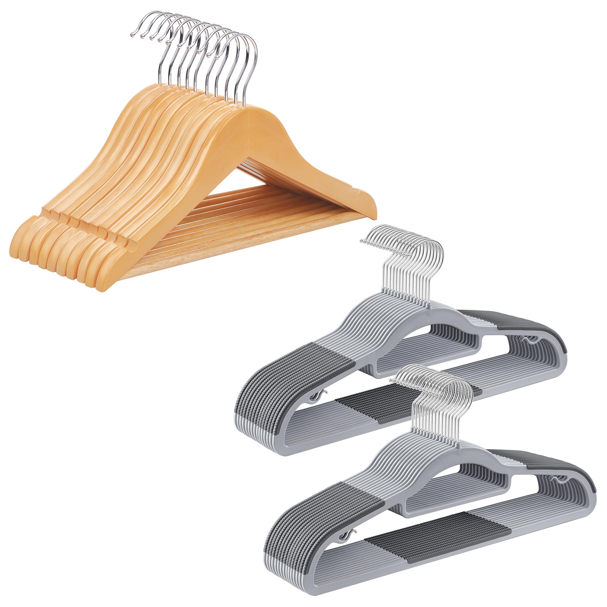 SONGMICS Kids Wooden Hangers and Coat Hangers Bundle, Set of 20 Children's Coat Hangers with Pants Bar, Set of 30 Plastic Hangers with Non-Slip Design