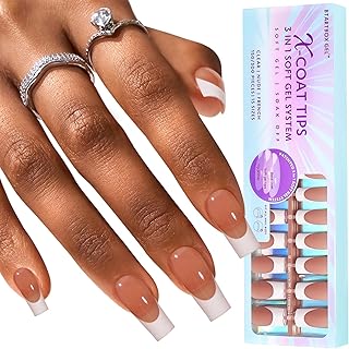 BTArtboxnails French Tip Gel Nail Tips Long Square, 300pcs Brown Soft Gel Nail Tips, Unltra Fit French Tip Press On Nails 15 Sizes, No Need to File 3 in 1 X Coat Tips with Pre-applied Tip Primer & Bas