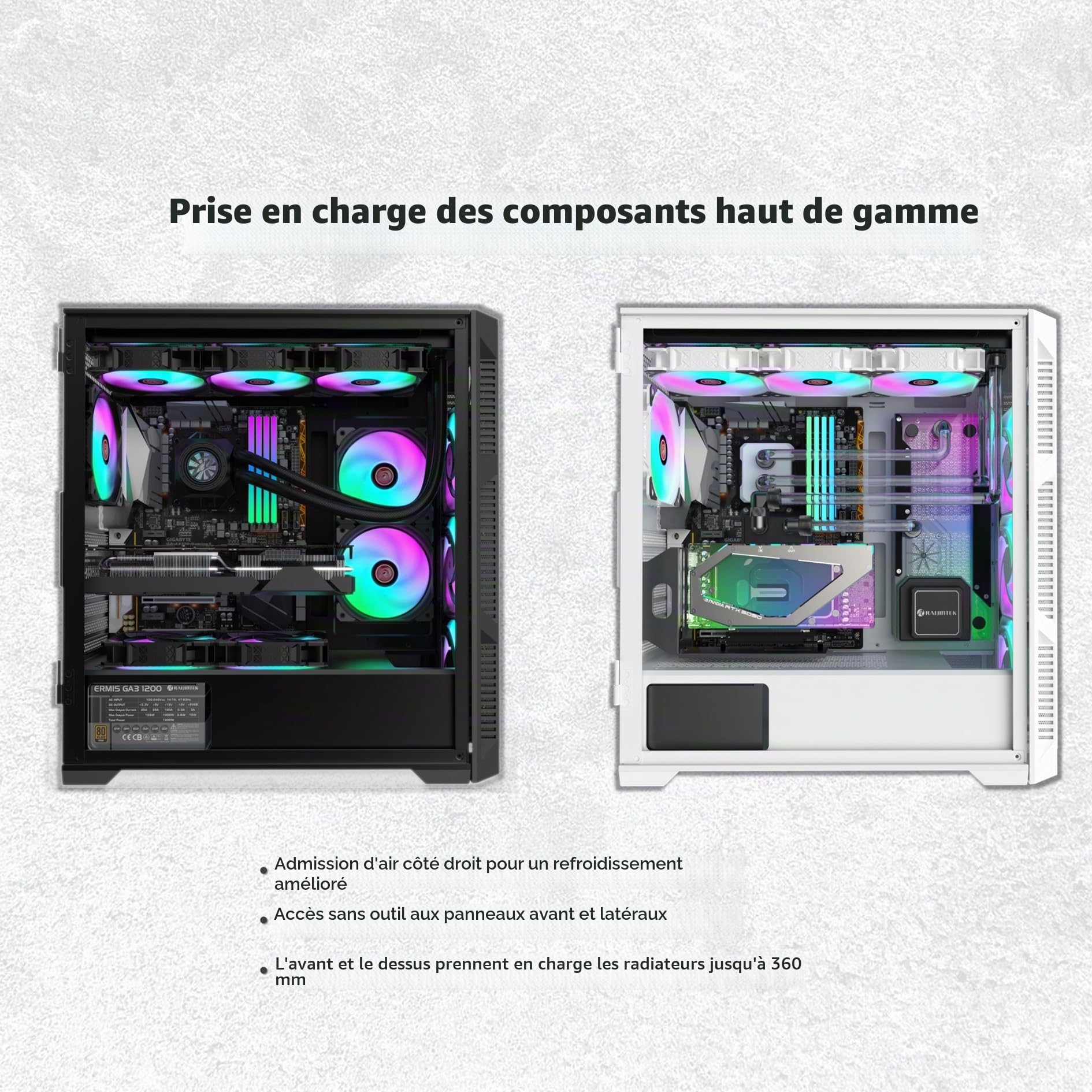RAIJINTEK PONOS Ultra TG4 E-ATX Boîtier PC Mid Tower PC, ouverture du panneau latéral en verre trempé, pré-installé, 4 ventilateurs ARGB, noir (0R20B00225)