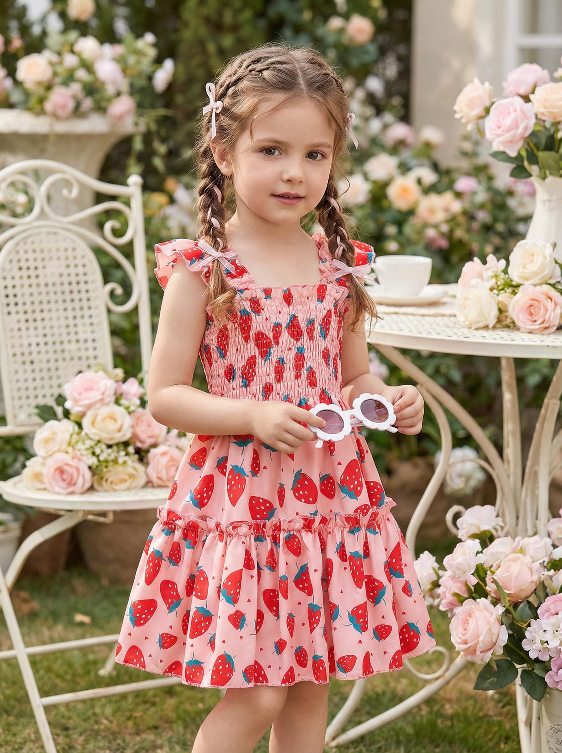 RETSUGO Vestiti per bambine con maniche svolazzanti, casual, per feste di compleanno, per bambini, prendisole estivo da 1 a 8 anni