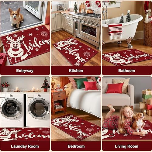 Miniatura 7 de Findosom Felpudo de Navidad, 20 x 32 pulgadas, tapete de bienvenida de Navidad con reno, antideslizante, lavable, de perfil bajo, para puerta