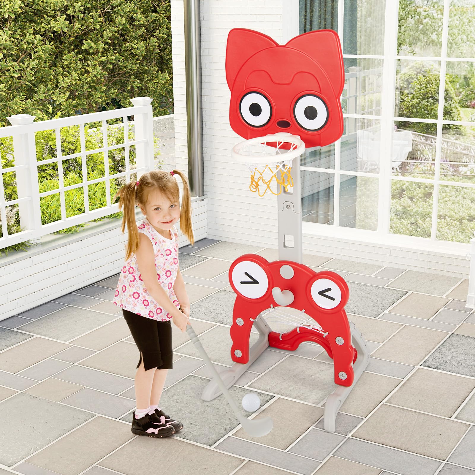 COSTWAY Canestro da Basket 4 in 1 per Bambini 3+ Anni, Altezza 118-148 cm | Centro di Attività Forma Volpe in HDPE con Golf, Calcio e Anelli da Lancio, Base Riempibile, per Cameretta e Asilo Nido