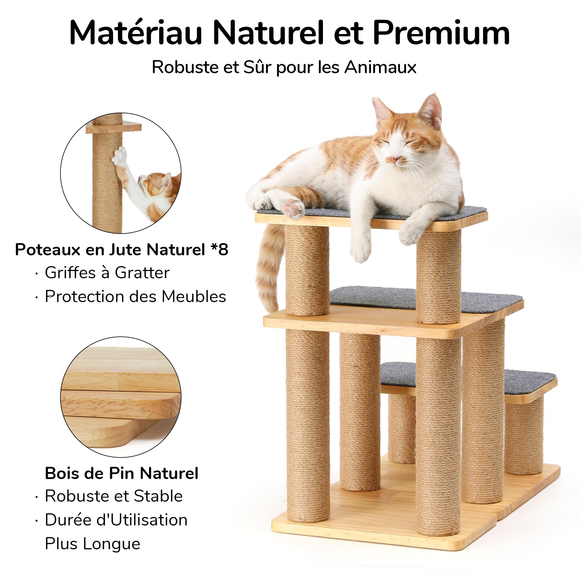 FUKUMARU Escalier pour Chien en Bois Massif avec Poteau à Griffes, Capacité 90 kg, Marches 50 cm, Gris