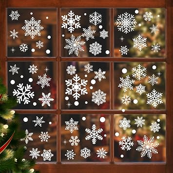 AOWDIAO 394 Pcs Snowflake Window Clings - Christmas Decorations Indoor, 12 Sheets Large White Double-Sided Xmas Snowflake Window Stickers for Glass, Winter Holiday Decor for Home, Office, Party