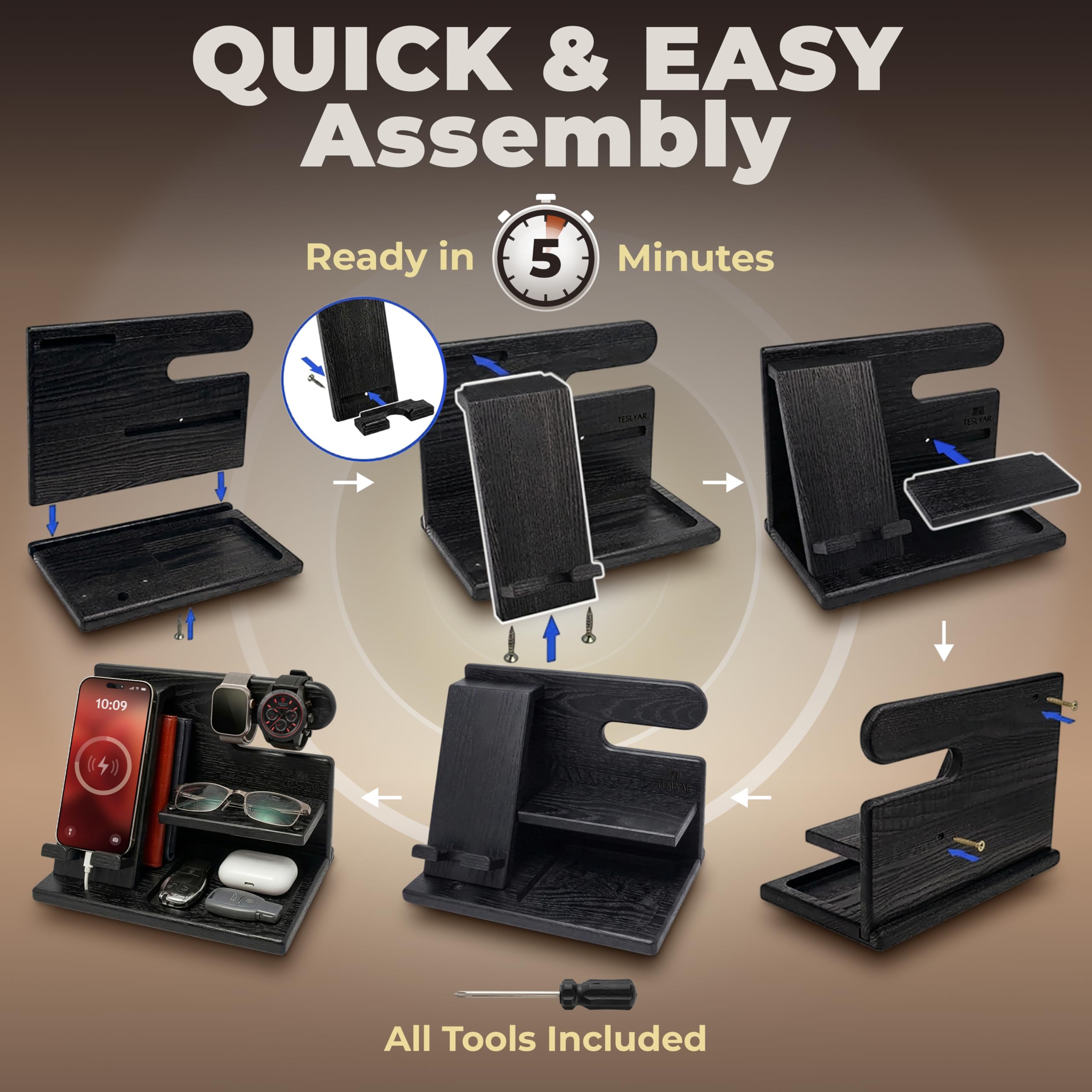 Teslyar Docking Station in legno di frassino per smartphone, organizer da comodino con portachiavi, supporto per portafoglio e orologio, regalo per uomo papà marito, anniversario compleanno (Nero)