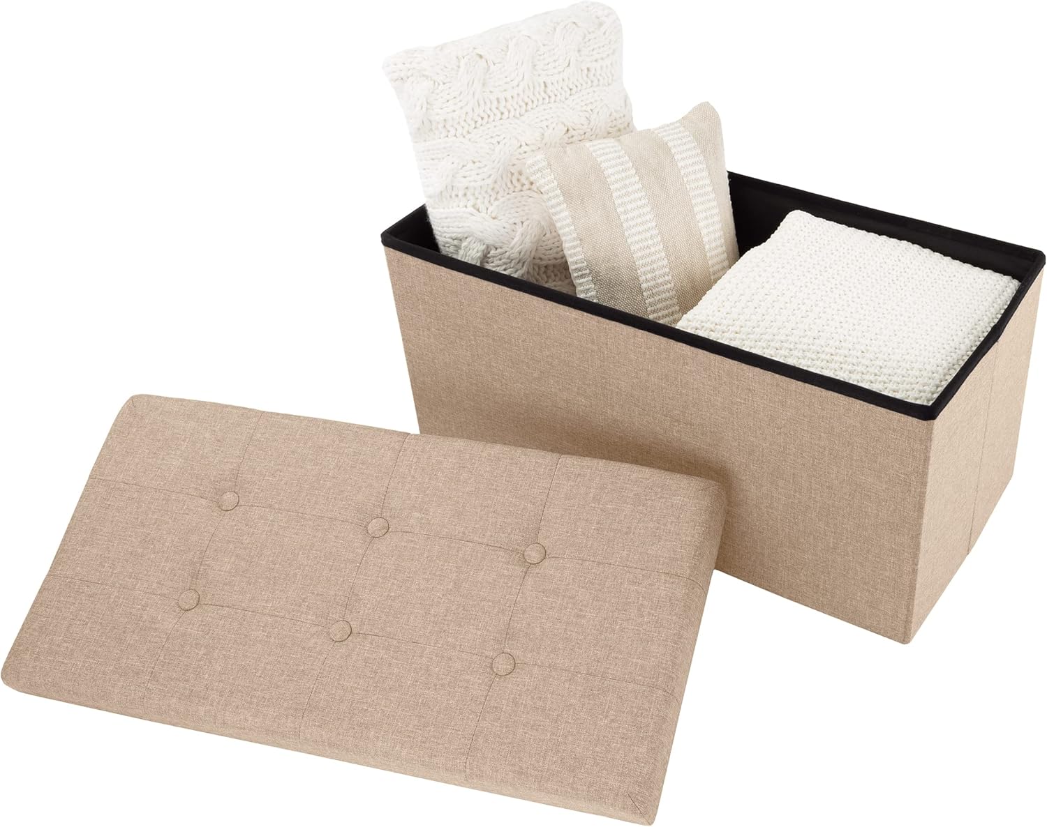 Lavish Home 30 Inch Collapsible Storage Ottoman Bench – Foldable Tufted Linen Bedroom Bench with Hidden Storage, Upholstered Footrest for End of Bed or Living Room (Beige)