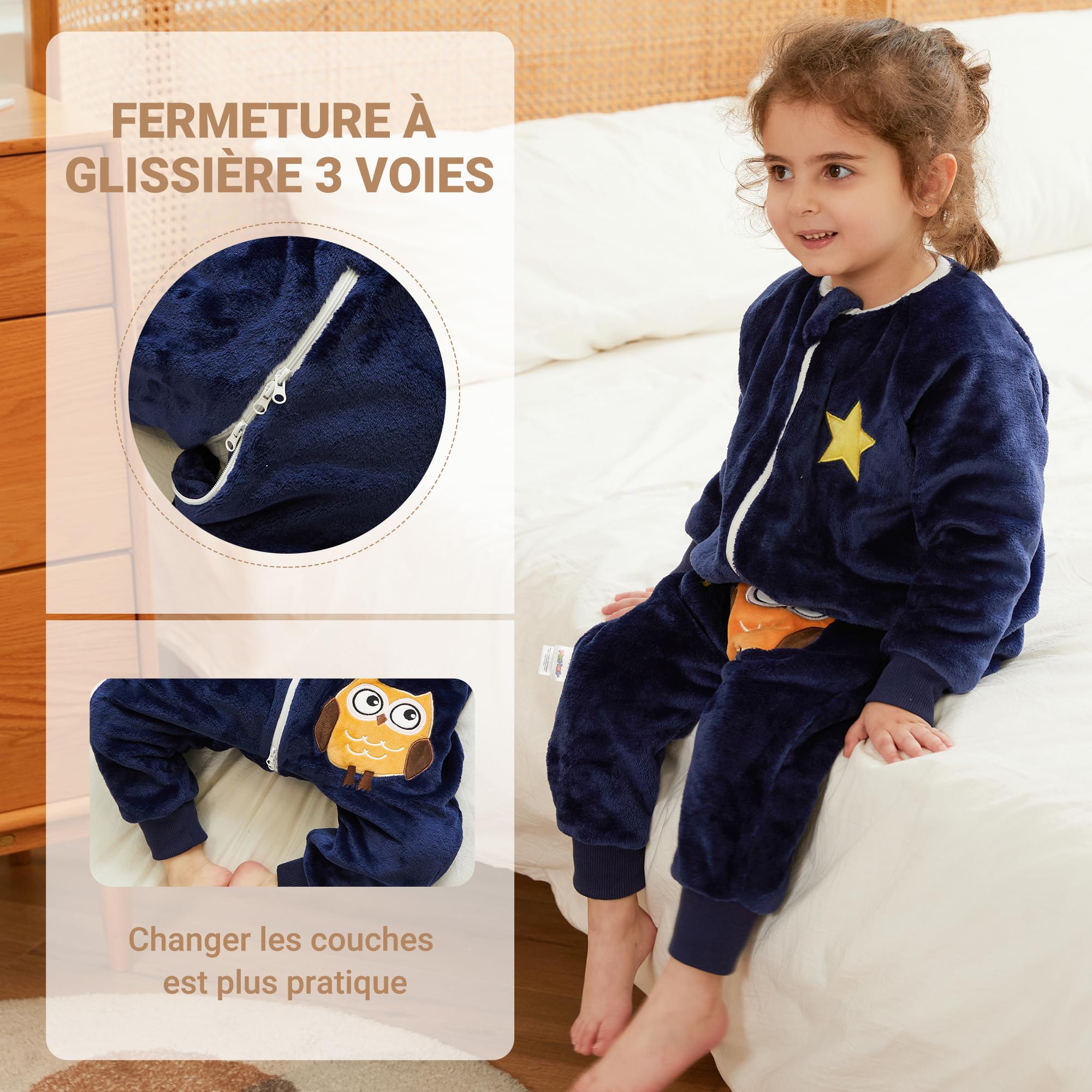 XQ&XG Bebe Gigoteuse a Pied, Unisexe Gigoteuse avec Jambes pour 4 Saisons, Gigoteuse à manches longues 2.0 TOG, Turbulette a Pied pour Garçon Fille, La Chouette, 90