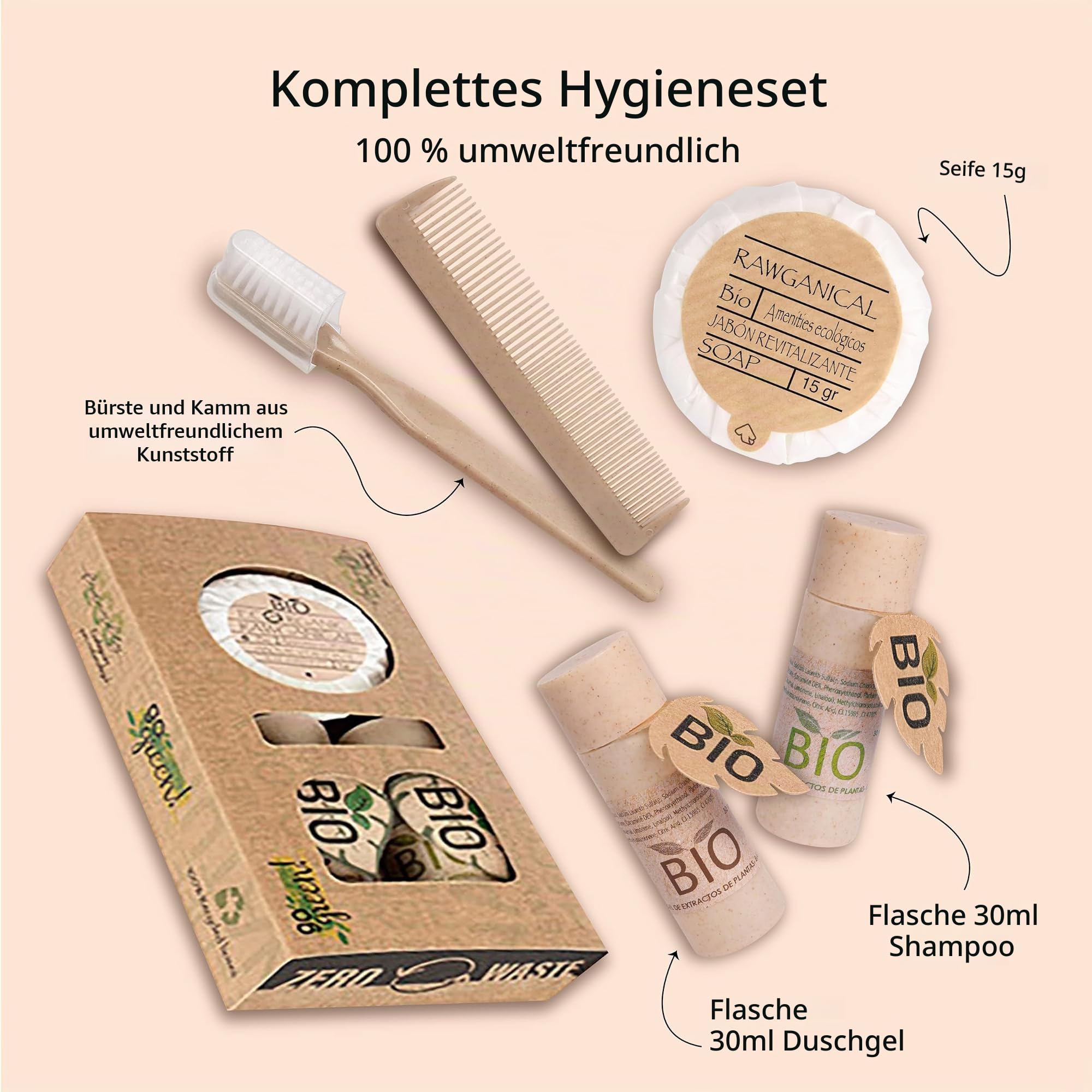 50 komplette Hygienesets in Bio-Box | Willkommenspaket für Hotels und Touristenunterkünfte | Hotel Amenities Set, 100 % Umweltfreundlich | Beste Hotelkosmetik | 50 Stück à 5 Produkte