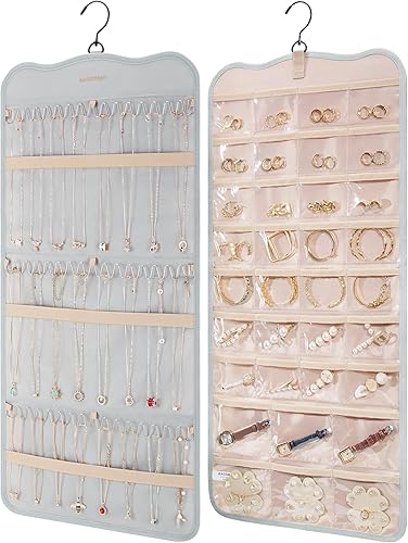 BAGSMART Organizador de joyas colgante con colgador, ganchos de metal, soporte de joyería de doble cara para aretes, collares, anillos en el