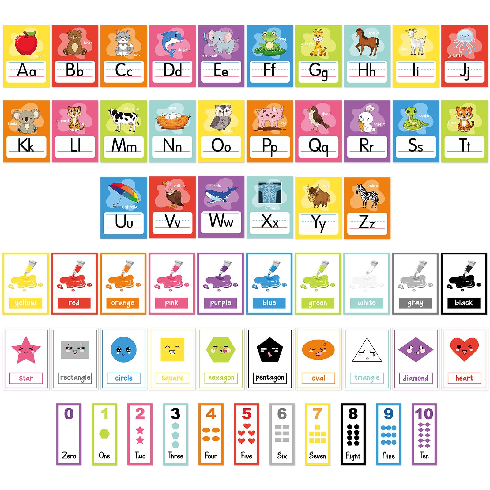 57 PCS Educational Cards, Laminated Water/Tear Proof Preschool Learning Posters include Alphabet Numbers Colors, Kindergarten Preschool Early Education Cards Home Classroom Decorations(Cut Animals)
