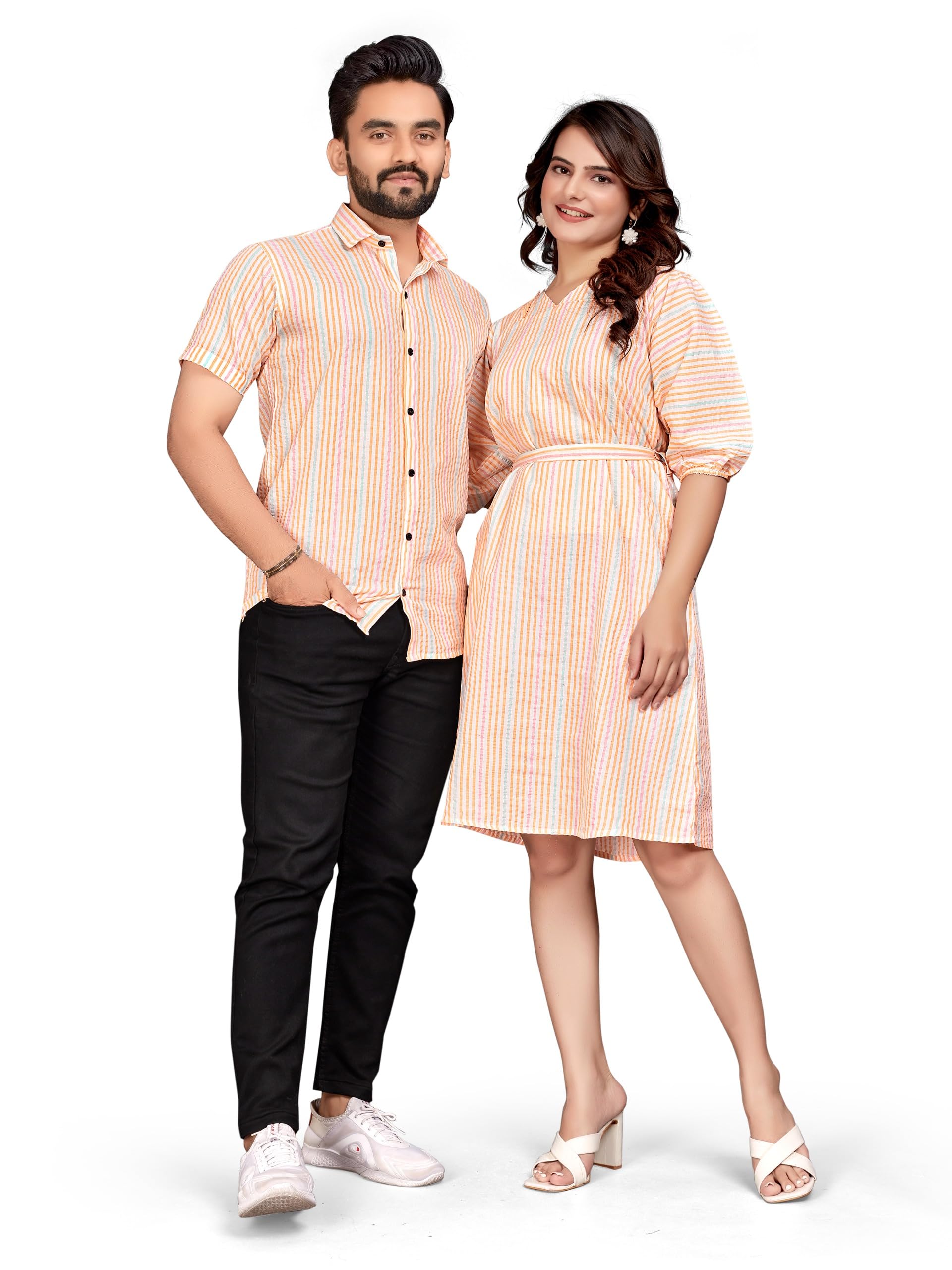 ami fashion Couple Combo Set | Cotton Fabric Striped Weaving Design | Men's Shirt & Women's One Piece Dress-picture-42