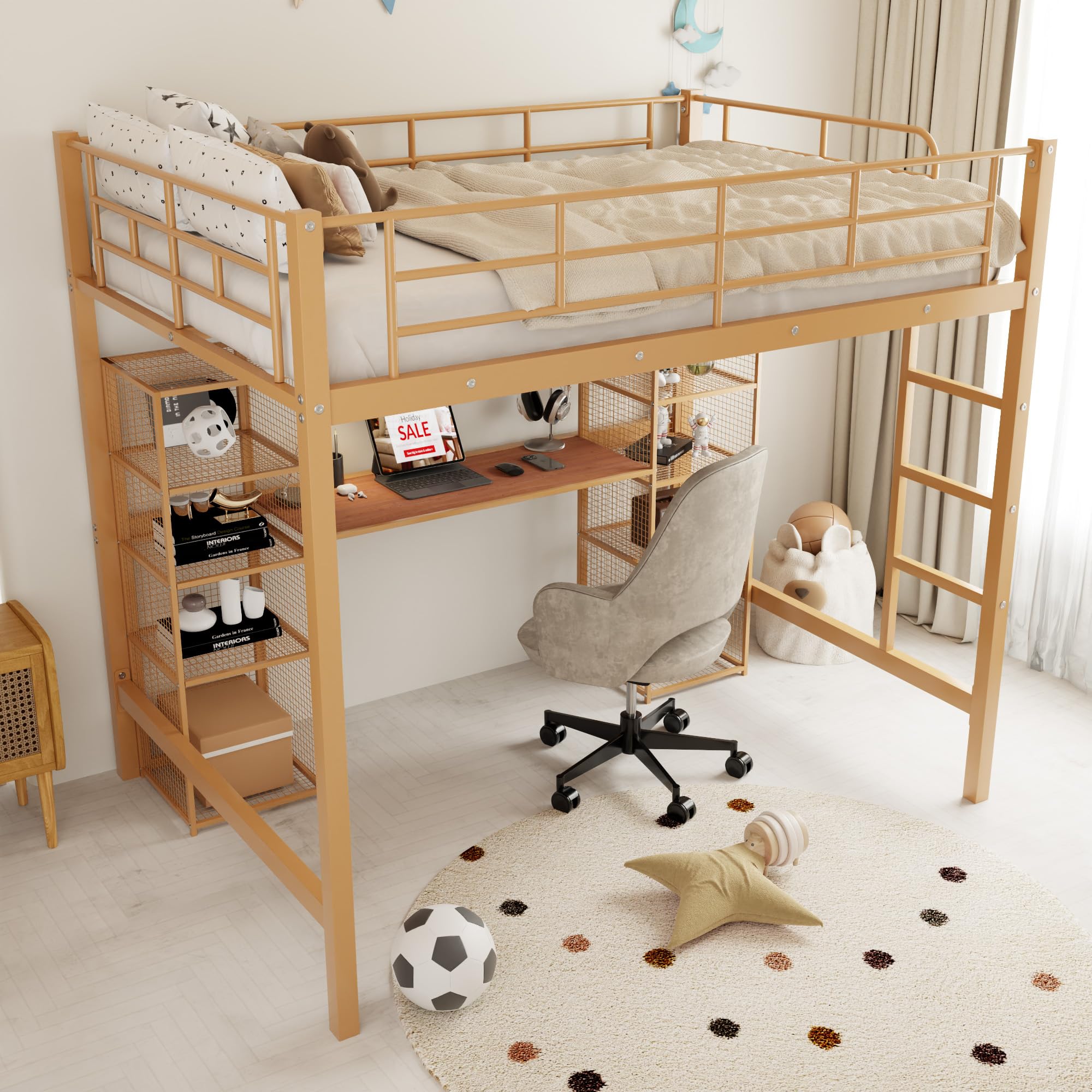 Full Size Metal Loft Bed with Built-in Desk and Shelves, Heavy Duty Metal Loft Bed with Full Length Guardrail and Ladder, Leisure Zone Loft-Bed for Kids, Teens, Adults. black