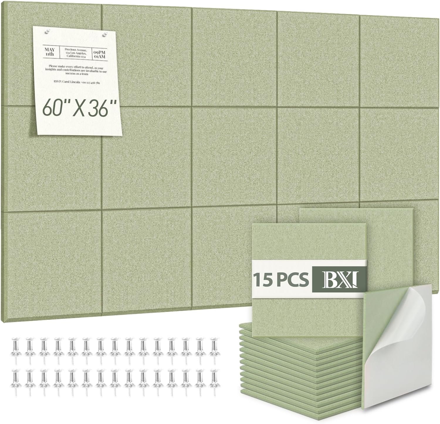 BXI Felt Bulletin Board - 60 X 36 Inches, 15 Pcs Self-Adhesive Decor Cork Boards with 30 Pushpins, Sturdy Acoustic Wall Panels for Office Work, Poster Pin Tiles for Teen Dorm Room Kitchen Classroom