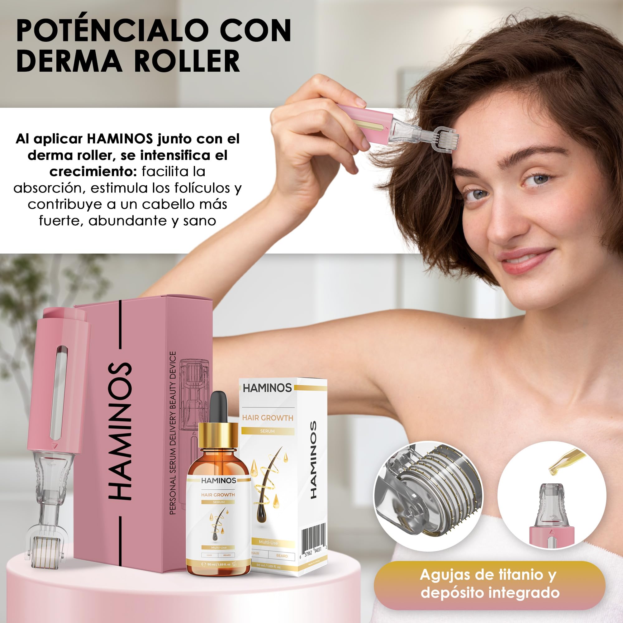 HAMINOS Derma Roller 0,5 mm con Sérum Capilar para Mujeres, Microneedle Roller con Depósito, Aplicador de Sérum para Cuero Cabelludo, Línea del Cabello, Raya y Zonas con Menor Densidad