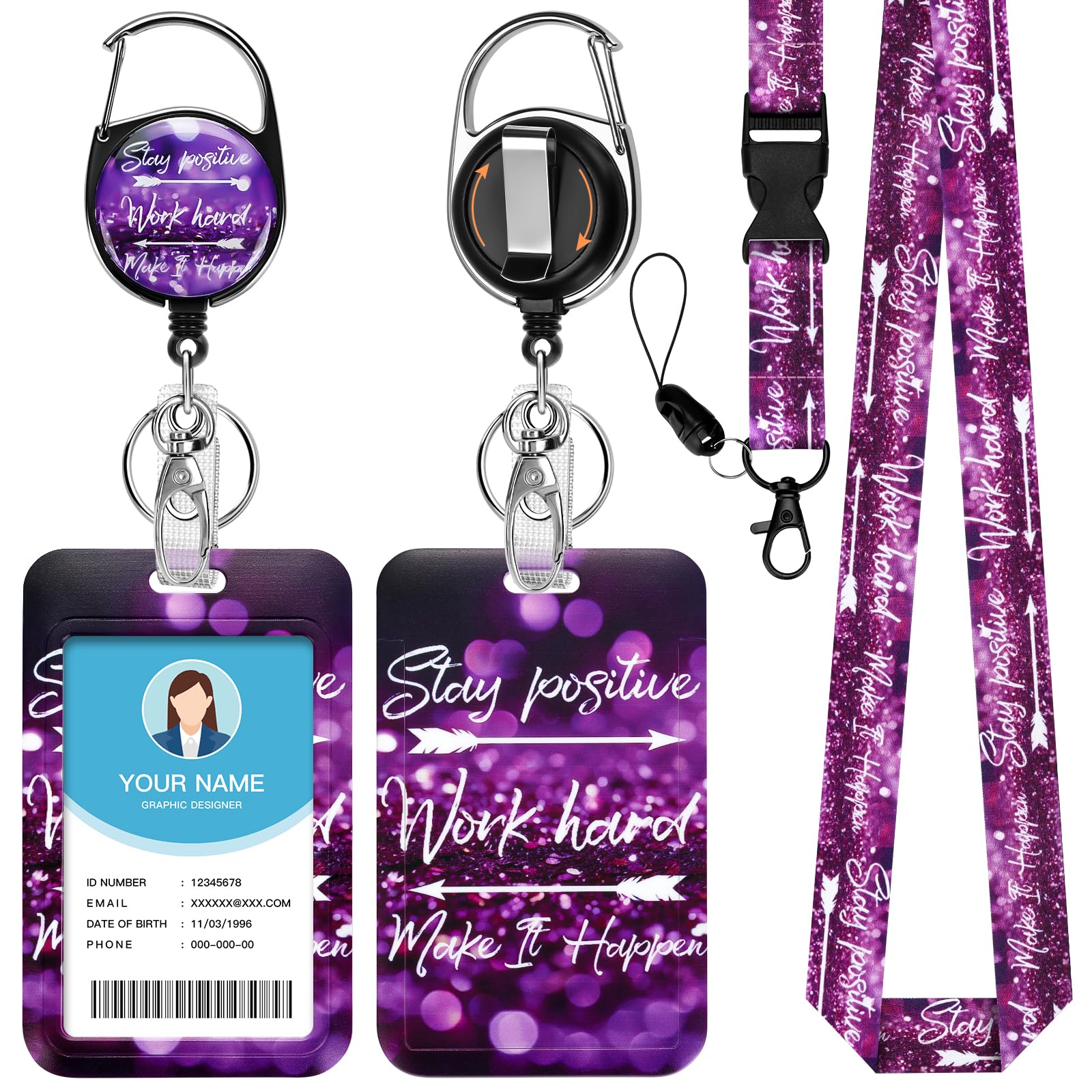Soleebee Purple Inspirational Quote Lanyard for Id Badges, Cute ID Badge Holder and Detachable Lanyard, Retractable Keychain, Heavy Duty Badge Reel