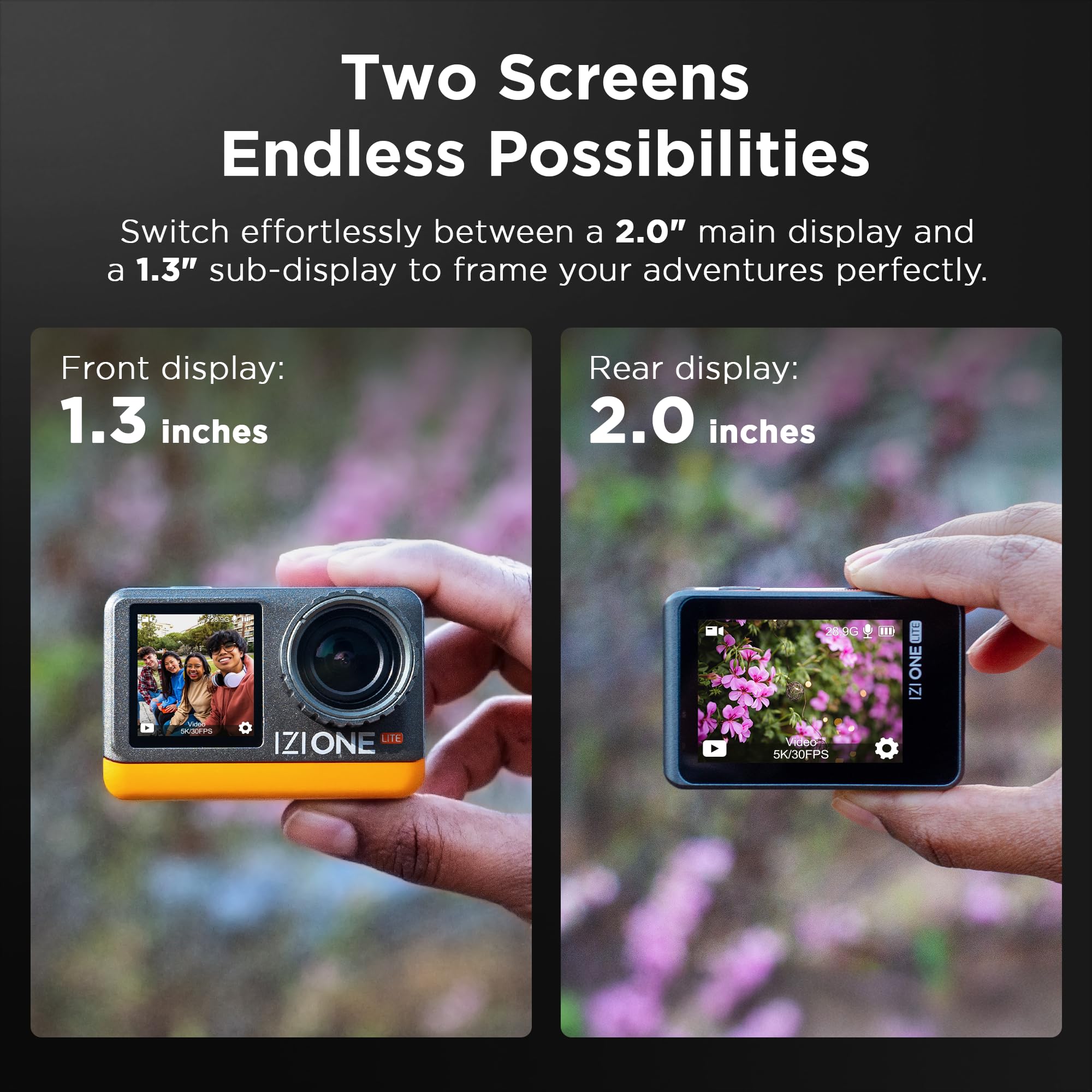 IZI One Lite 5K Action Camera - 4K 60FPS 50MP Ultra HD Action Cam, Dual Screen, EIS Stabilization, 170° Wide Angle, 30M Waterproof, 2-Battery - 180 mins Action, 256GB SD Card Support Action Camera. - Image 4 thumbnail