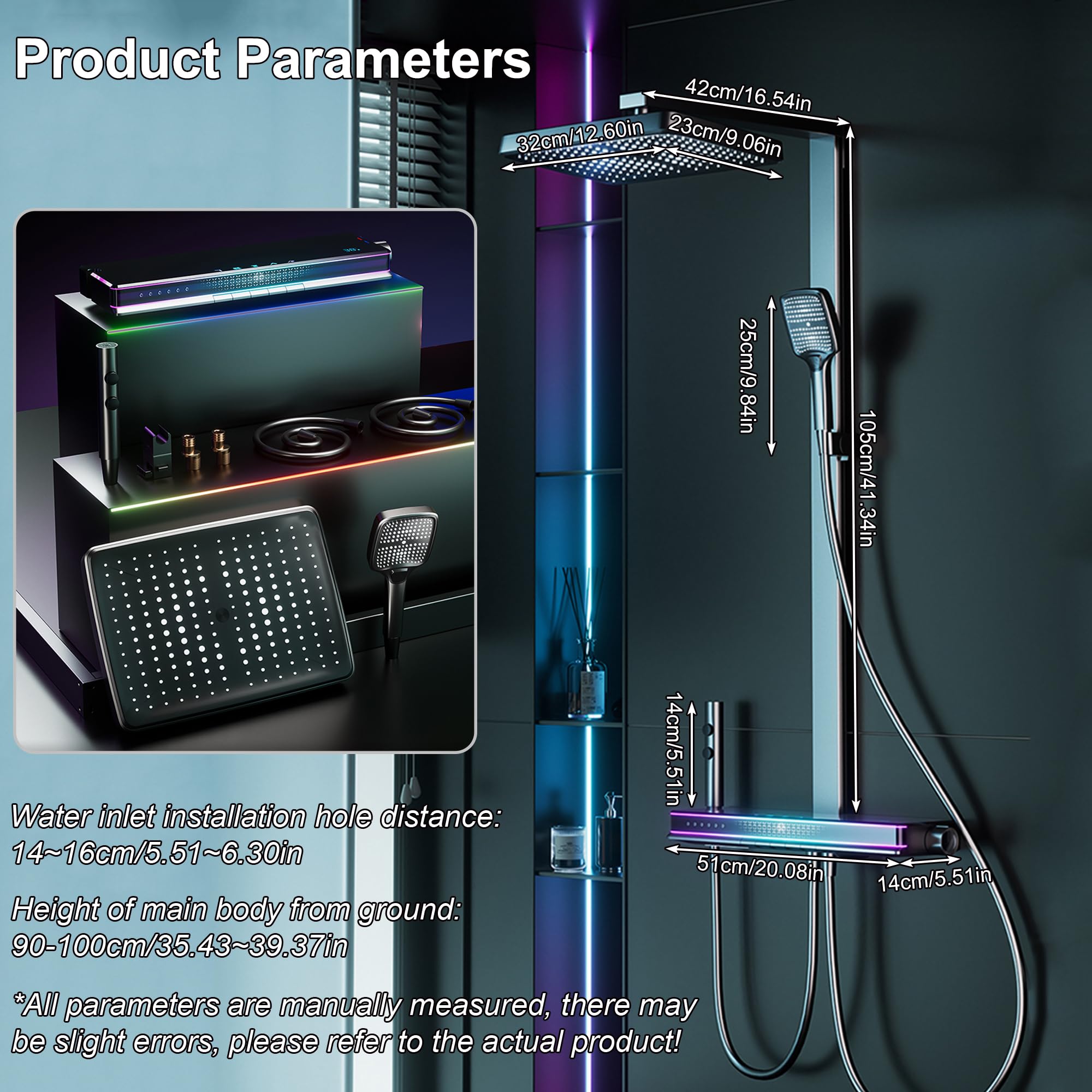 MocArt SFES8 - Sistema doccia futuristico per bagno, 5 funzioni, display digitale della temperatura, soffione doccia multi-angolo, massaggio addominale e schiena, nucleo della valvola in rame