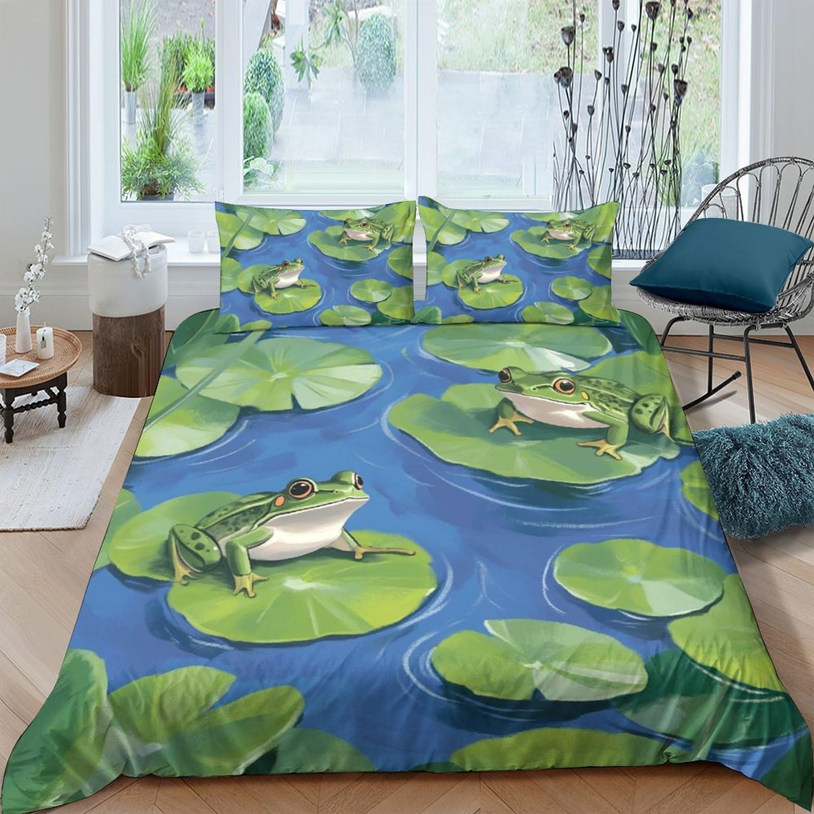 Ctjqhvkz Style-3 3D Printed Frog Lily Pad Fitted Sheet Microfiber Soft Bed Cover Blue Green Decor For Bedroom Dorm Guest Room Single（135X200cm）