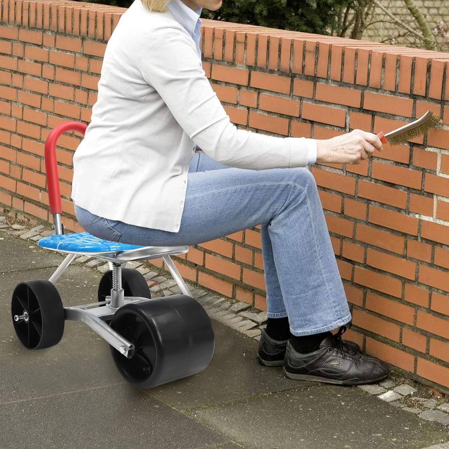 Garden Cart Rolling Workseat with Wheels, Height Adjustable Gardening Stool with 360° Swivel Seat & Backrest, Outdoor Gardening Scooter for Planting